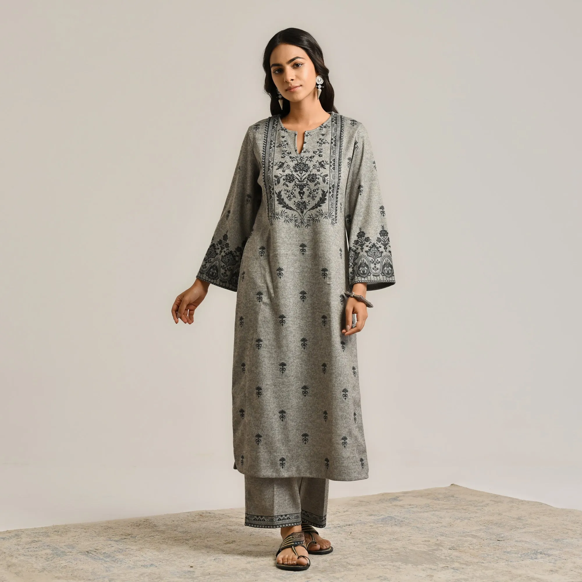 Grey Contemporary Embroidered Woollen Kurta Set with Dupatta