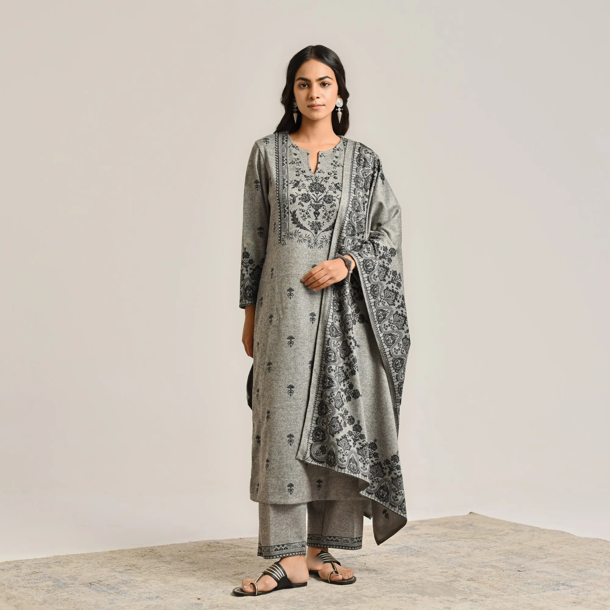 Grey Contemporary Embroidered Woollen Kurta Set with Dupatta