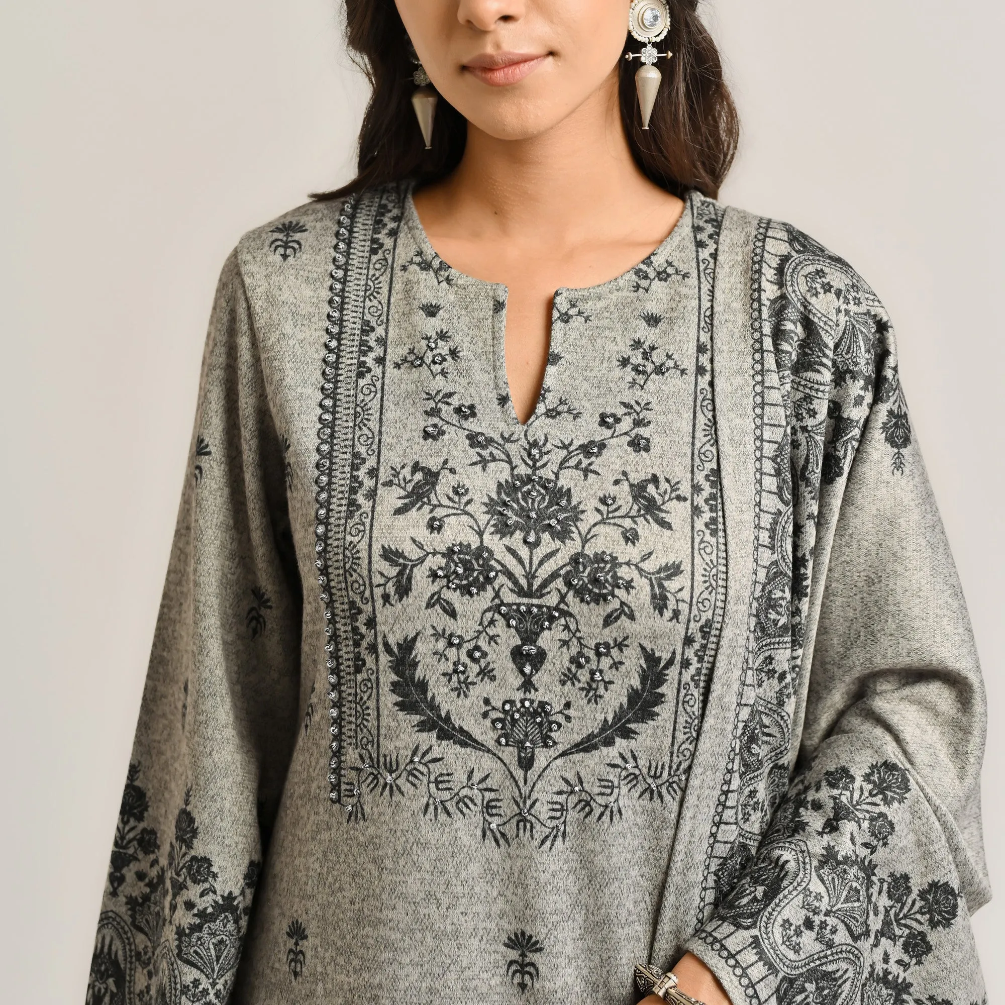 Grey Contemporary Embroidered Woollen Kurta Set with Dupatta