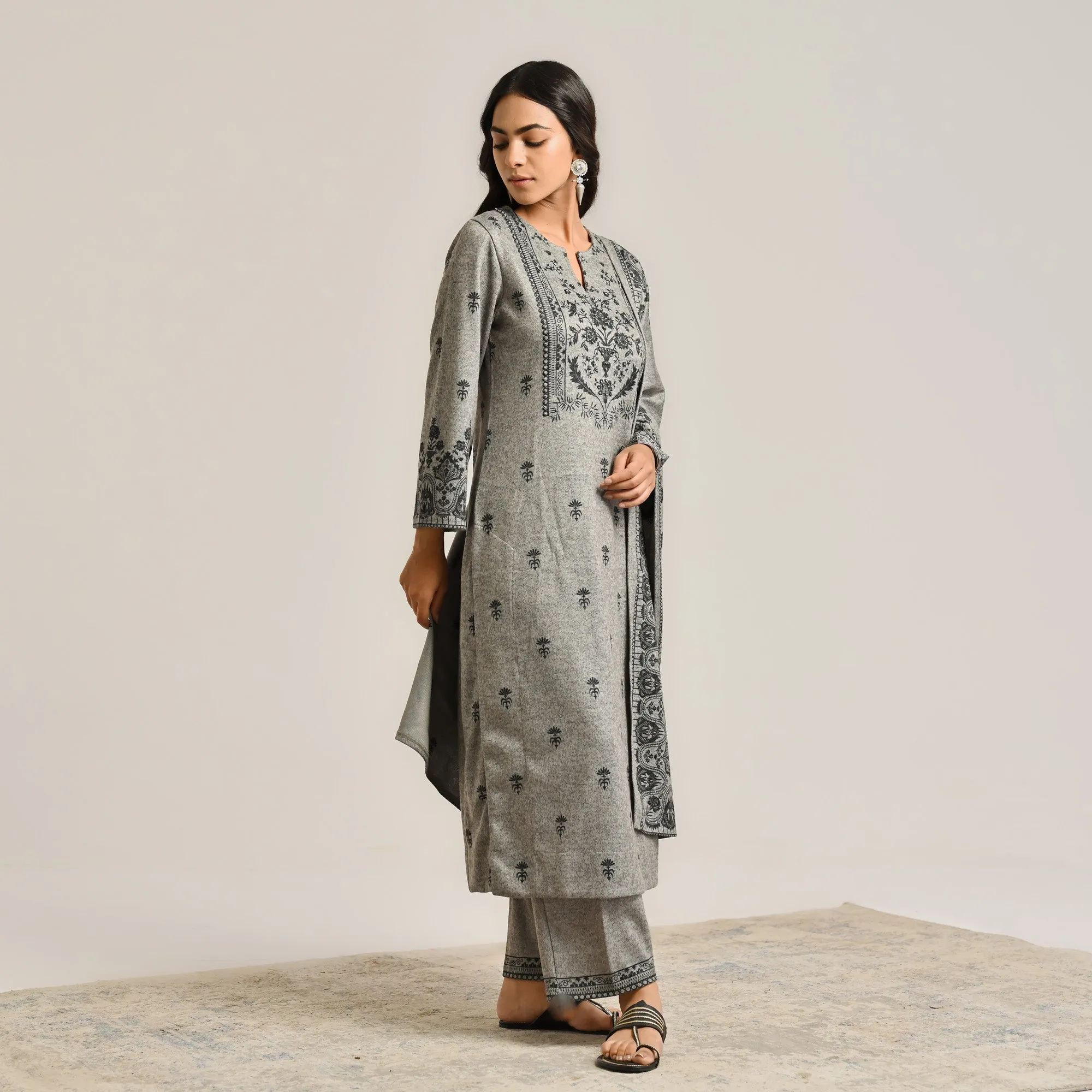 Grey Contemporary Embroidered Woollen Kurta Set with Dupatta