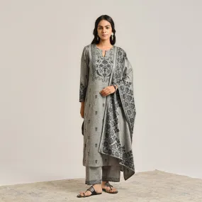 Grey Contemporary Embroidered Woollen Kurta Set with Dupatta