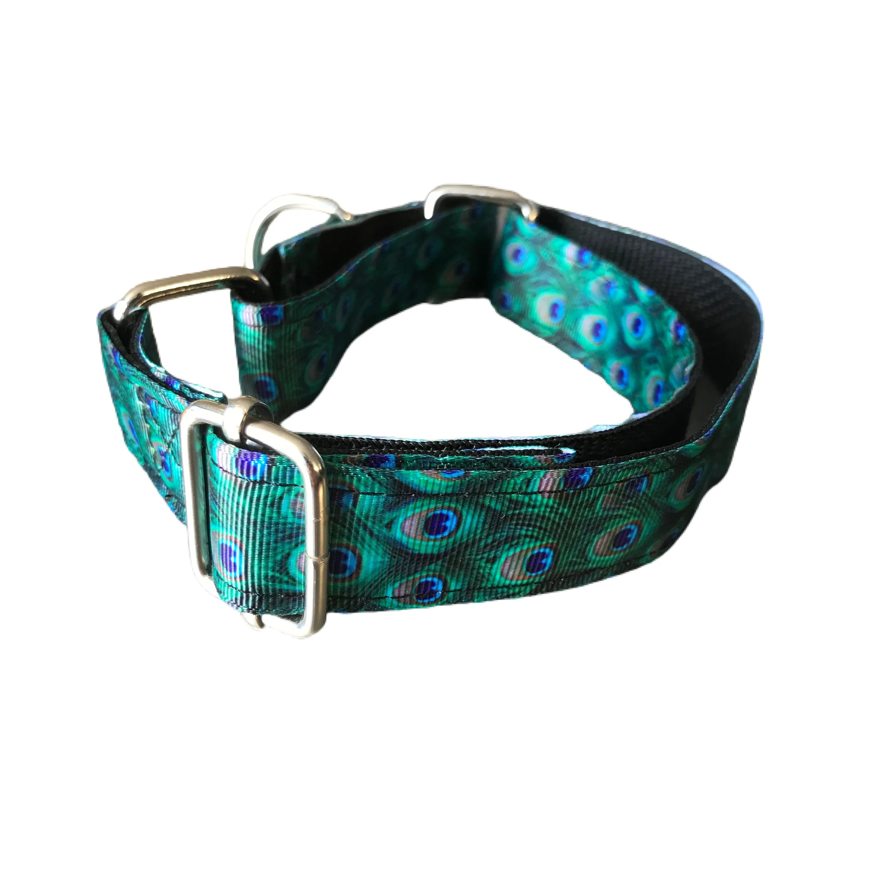 Greyhound house collar, metal hardware, hand made, washable, peacock design