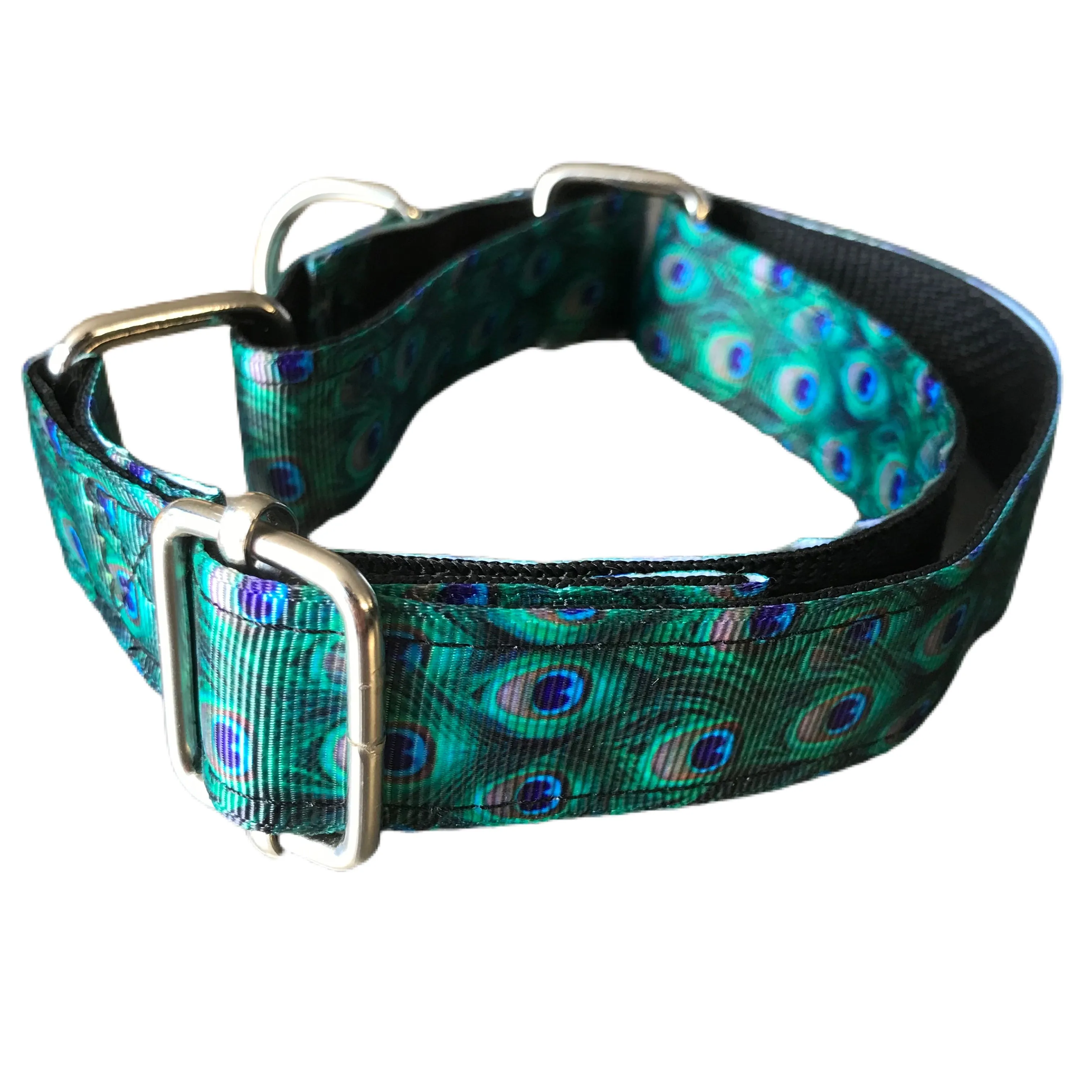 Greyhound house collar, metal hardware, hand made, washable, peacock design