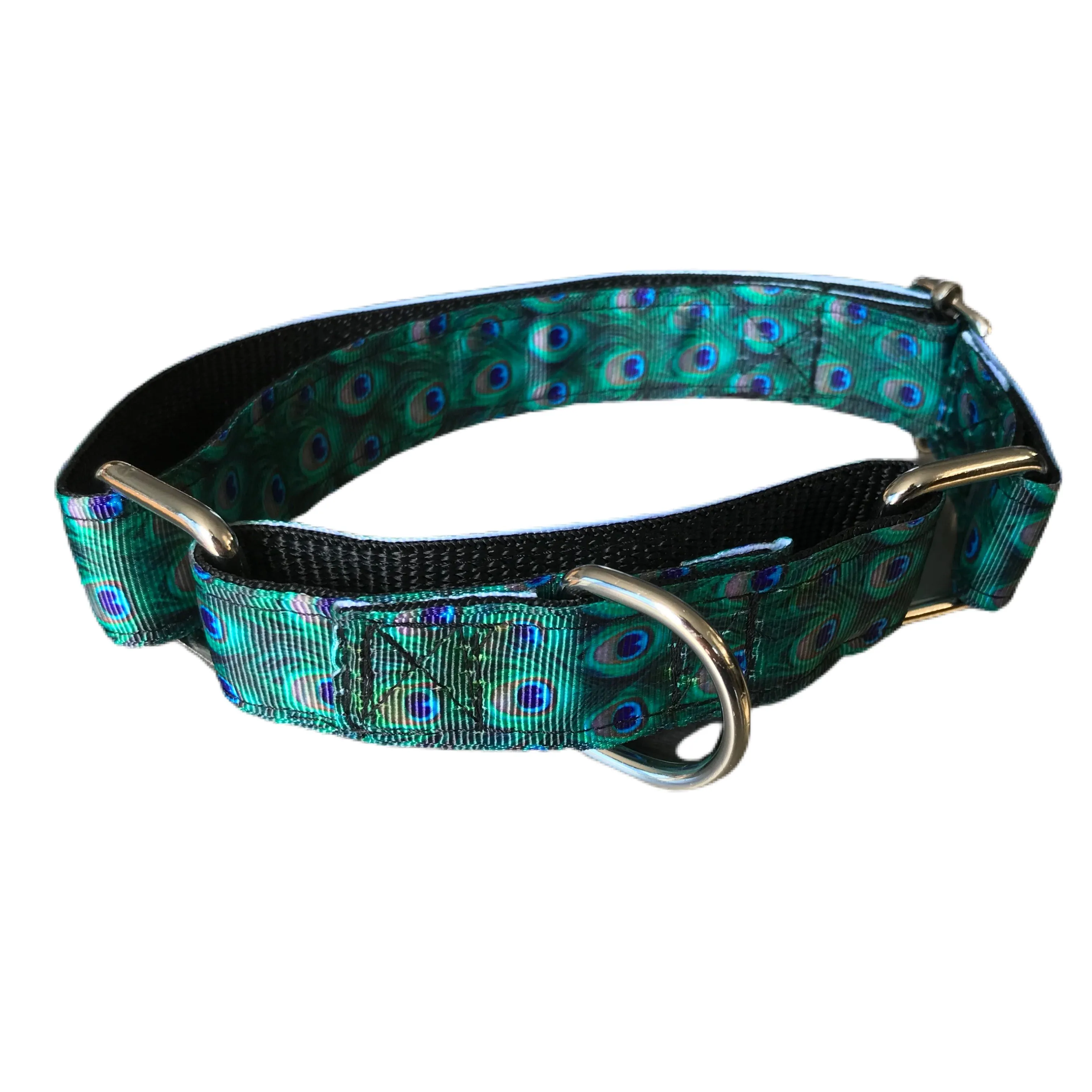 Greyhound house collar, metal hardware, hand made, washable, peacock design