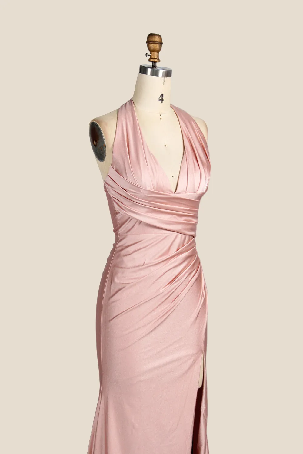 Halter Blush Pink Ruched Long Dress with Slit