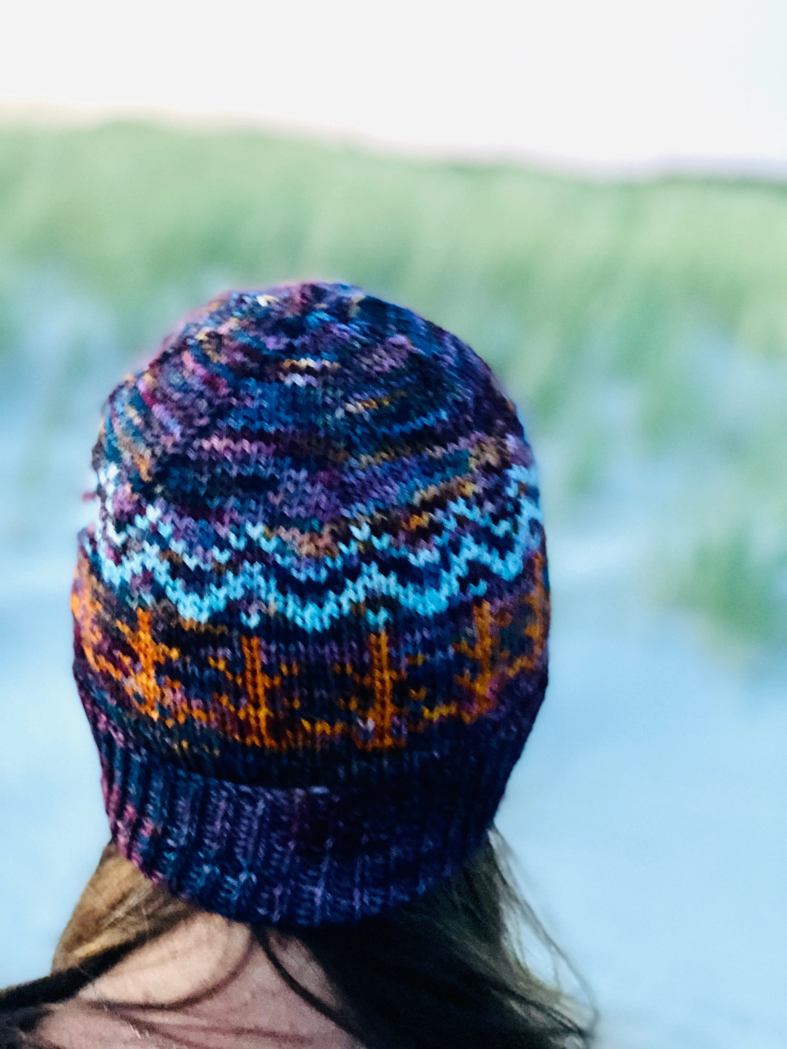 Hand knit merino wool unisex mens womens winter hat beanie mountains trees forest