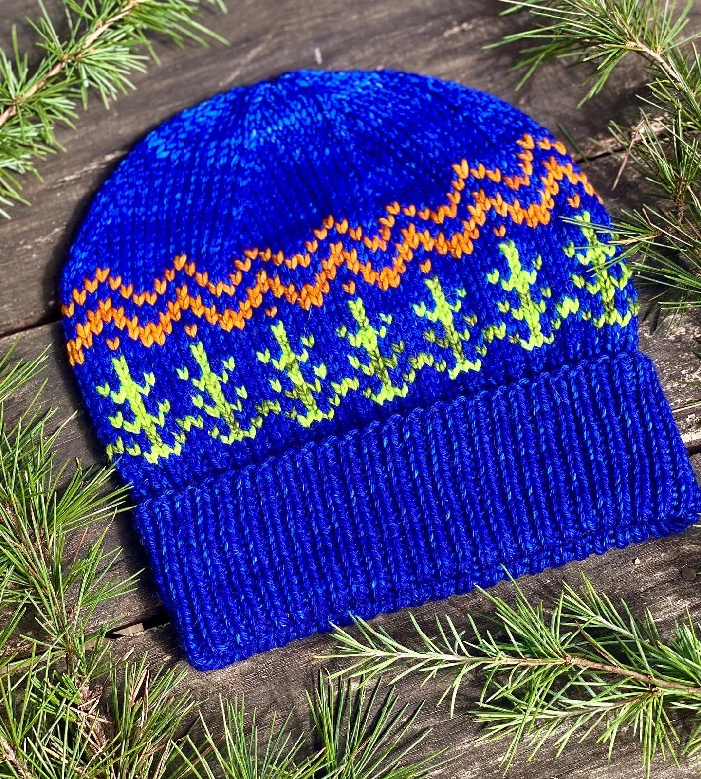 Hand knit merino wool unisex mens womens winter hat beanie mountains trees forest