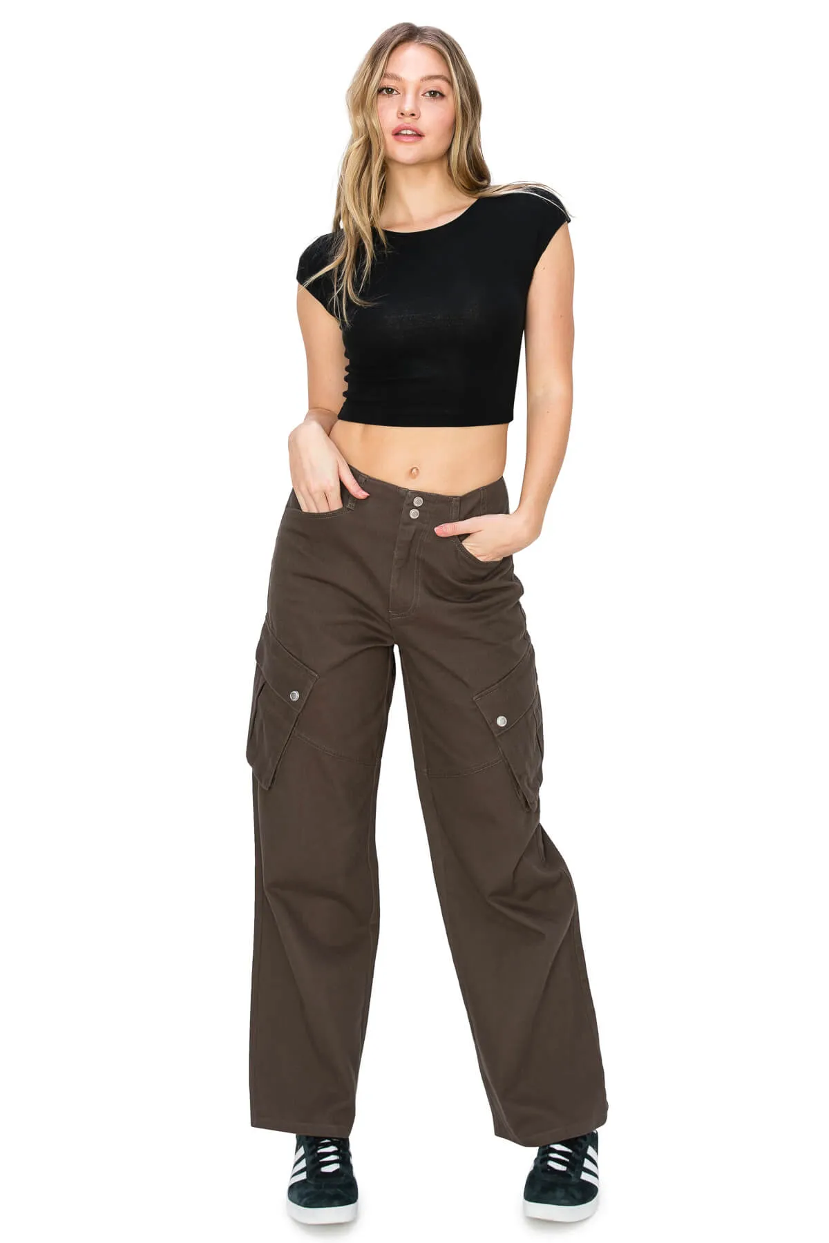 High Rise Slanted Pocket Pants - Dark Brown