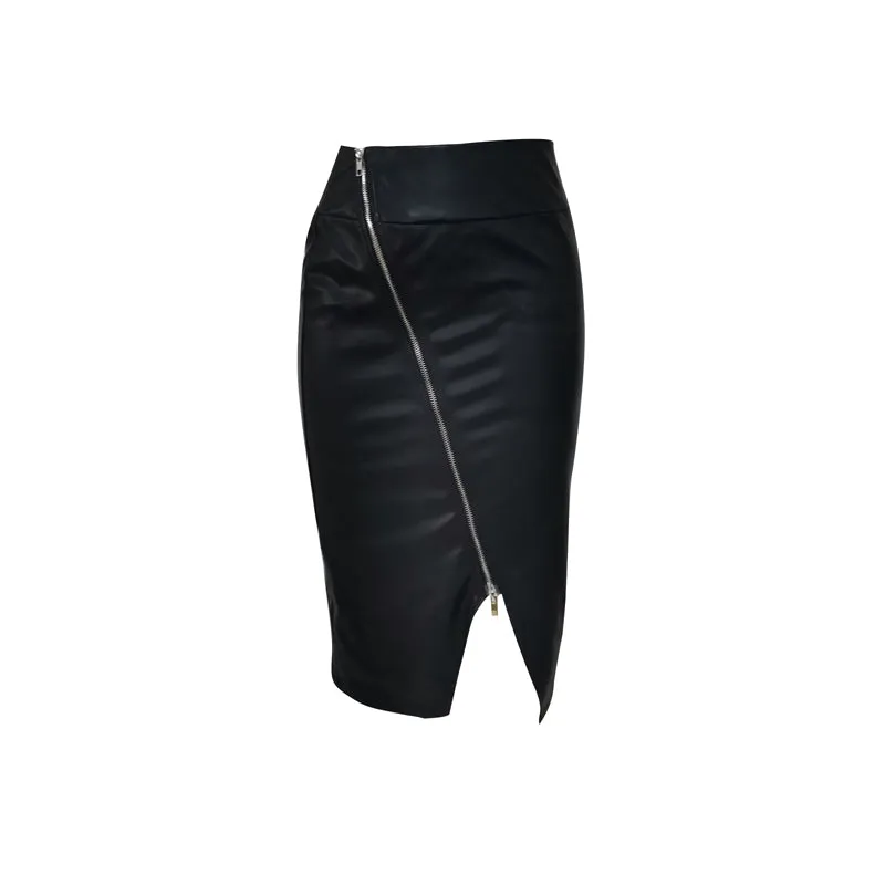 High Waist Zip-Up Maxi Leather Black Skirt With Split