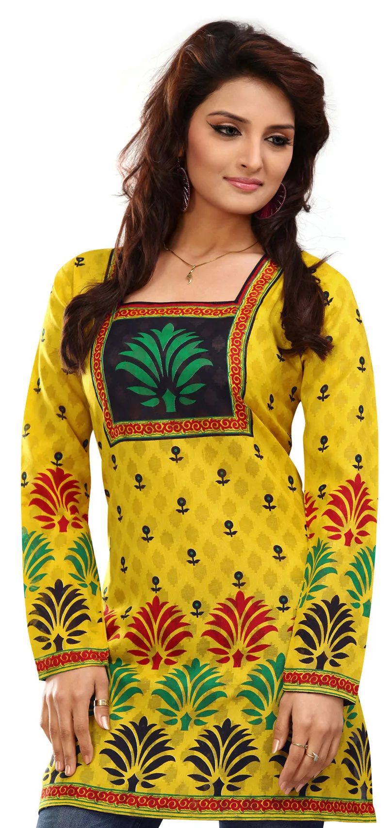 India Tunic Top Kurti Womens Printed Blouse Cotton Indian Apparel (Yellow)