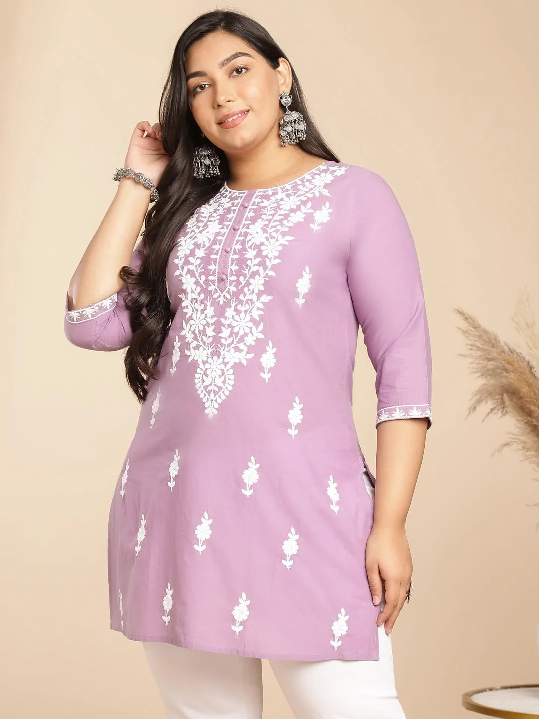 Janasya Lavender Chikankari Cotton Plus Size Tunic