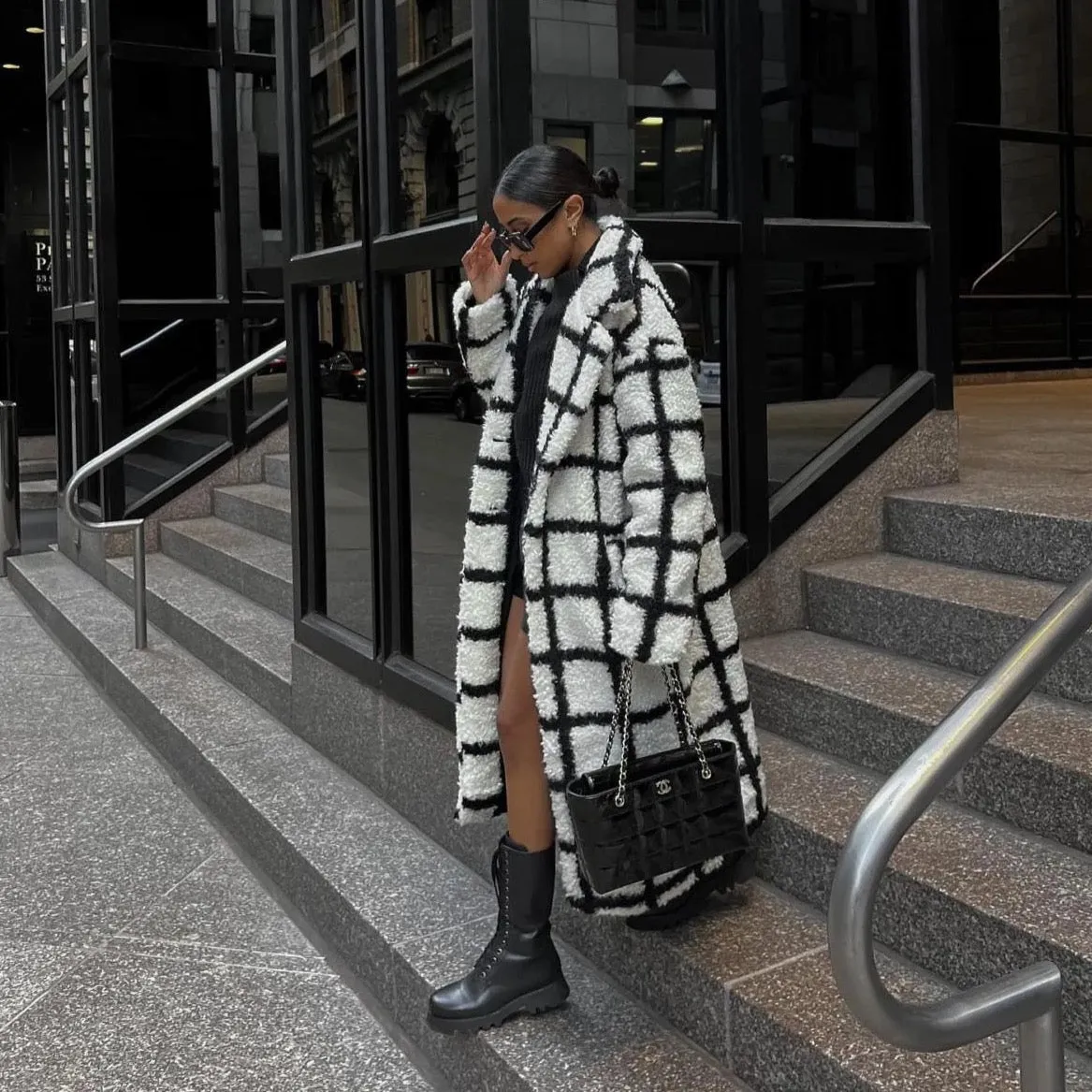 Kaia B/W Plaid Faux Fur Teddy Coat