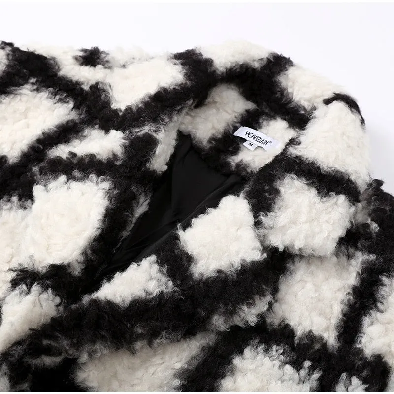 Kaia B/W Plaid Faux Fur Teddy Coat