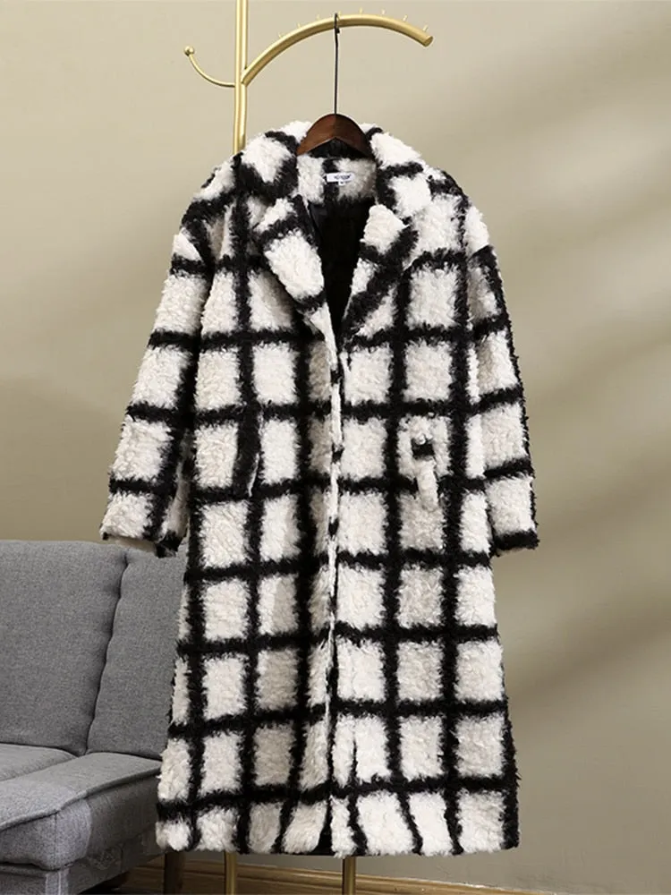 Kaia B/W Plaid Faux Fur Teddy Coat