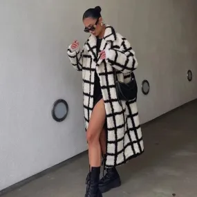 Kaia B/W Plaid Faux Fur Teddy Coat