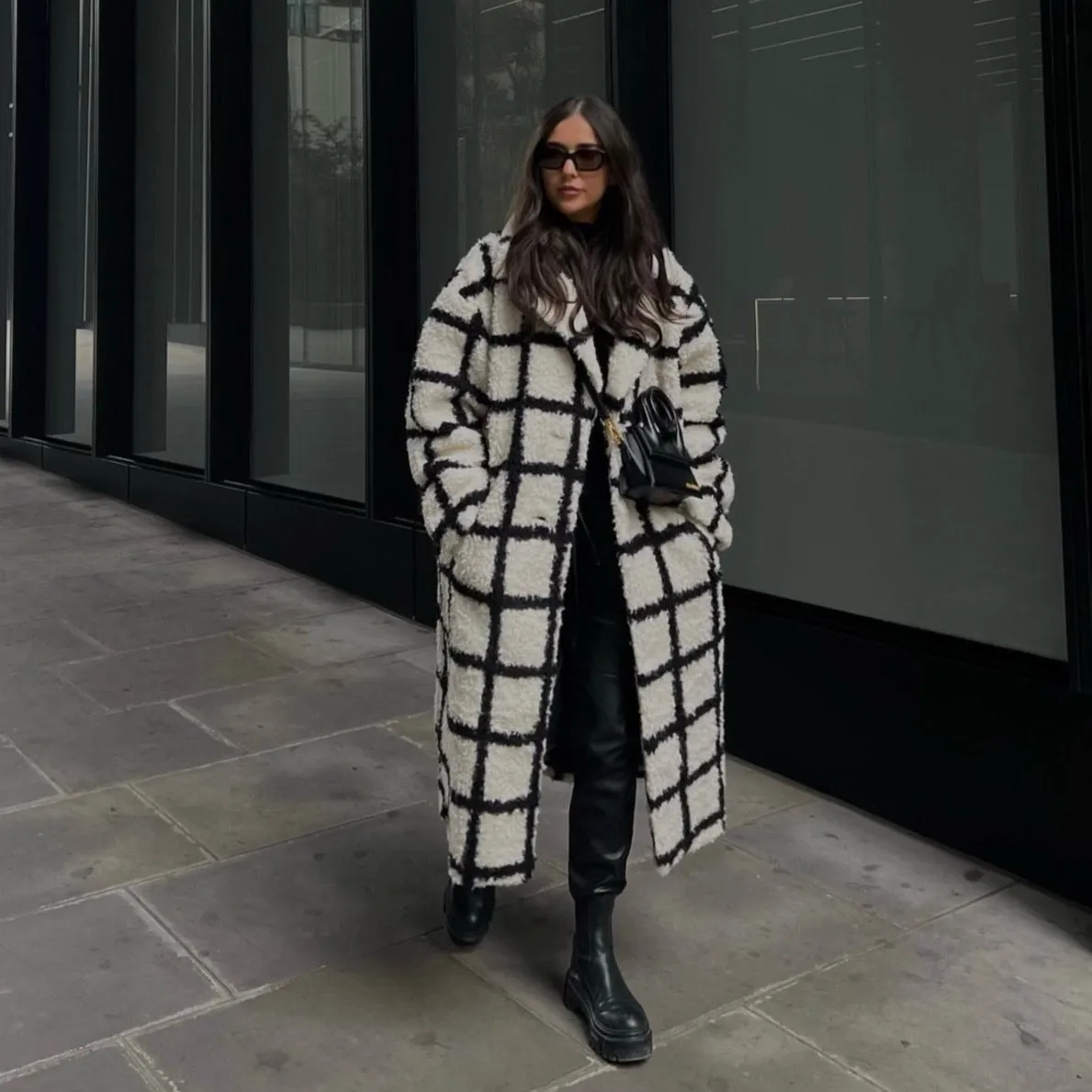 Kaia B/W Plaid Faux Fur Teddy Coat