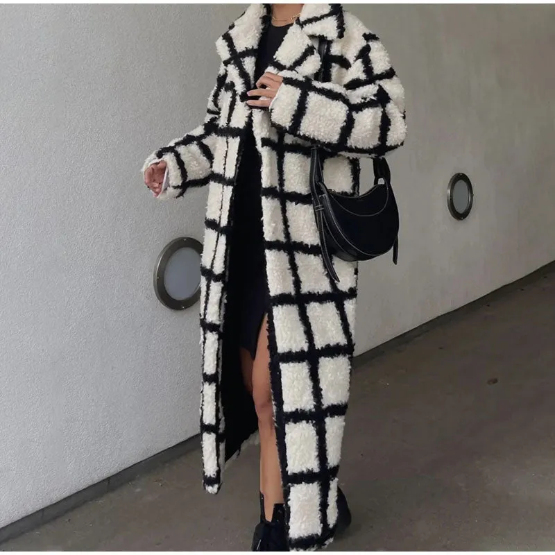 Kaia B/W Plaid Faux Fur Teddy Coat