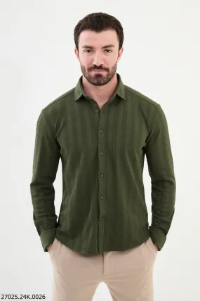 Khaki Textured Long-Sleeve Shirt for Men.