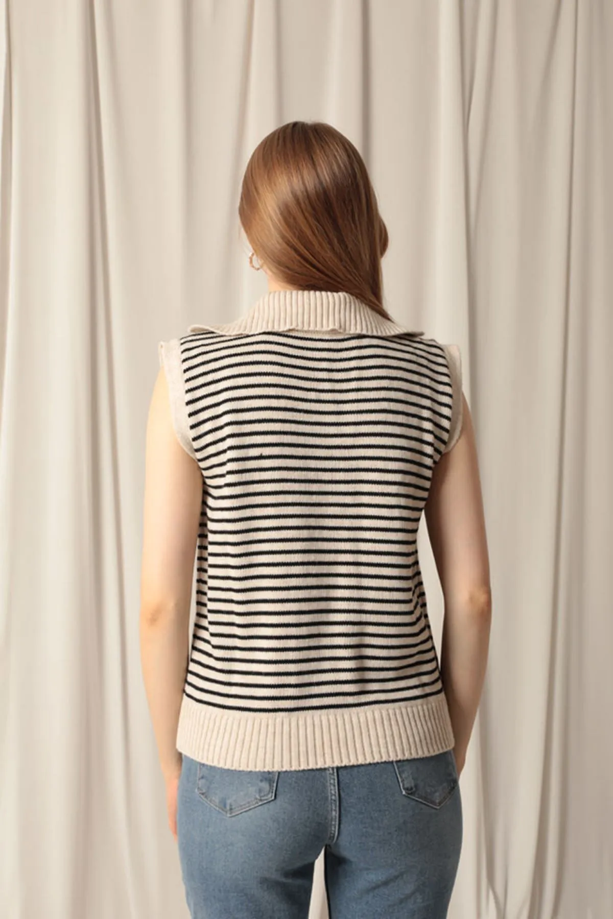 KKT Knitwear Fabric Striped Crop Women's Stone Sweater - Chatham