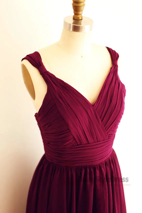 Knee Length V-neckline Burgundy Bridesmaid Dress