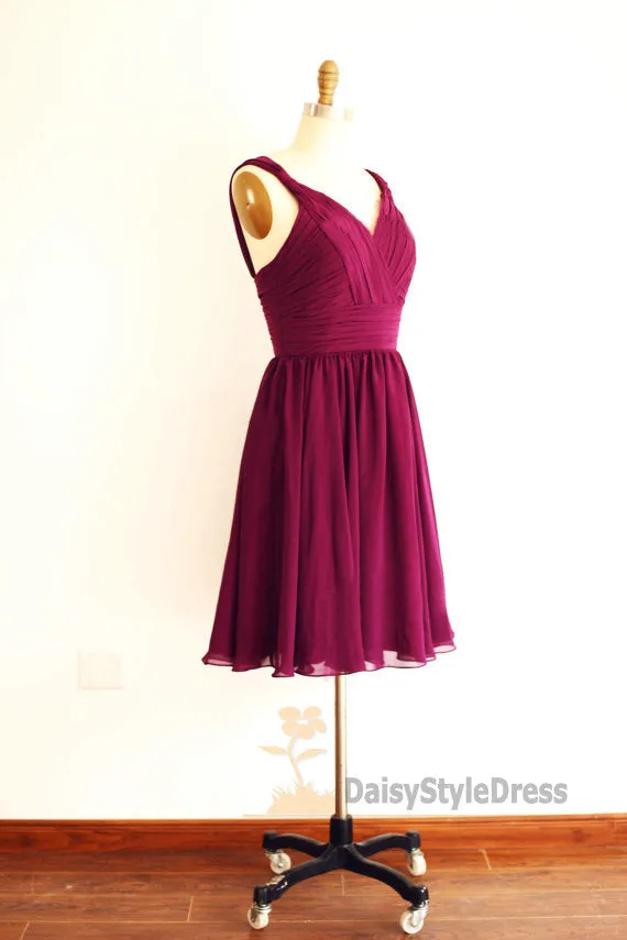 Knee Length V-neckline Burgundy Bridesmaid Dress