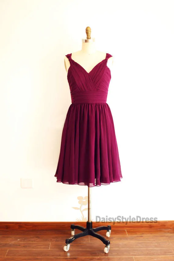 Knee Length V-neckline Burgundy Bridesmaid Dress