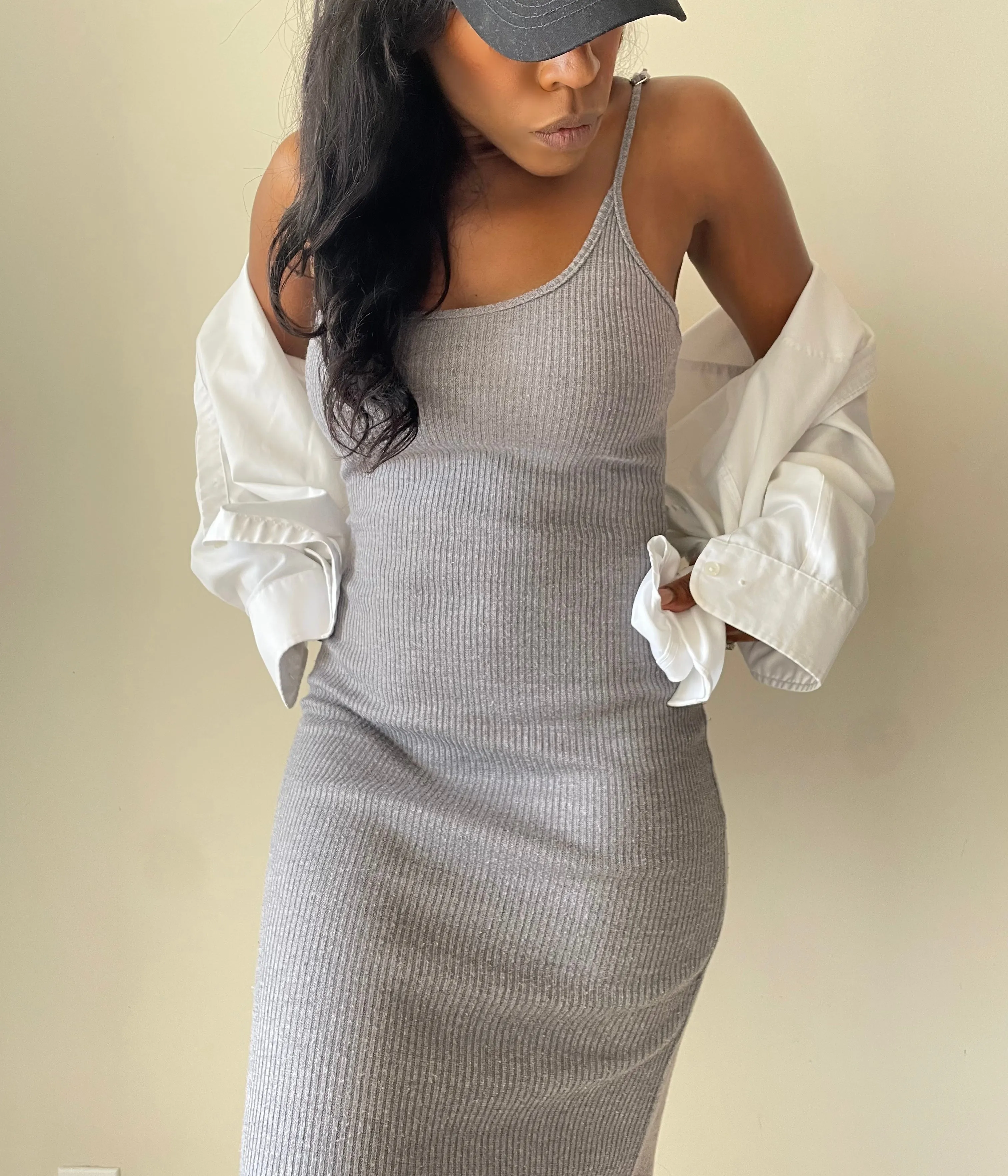 Knit Slip Dress | Cozy Queen Solid Sleeveless Camisole Knit Dress-Soft Grey