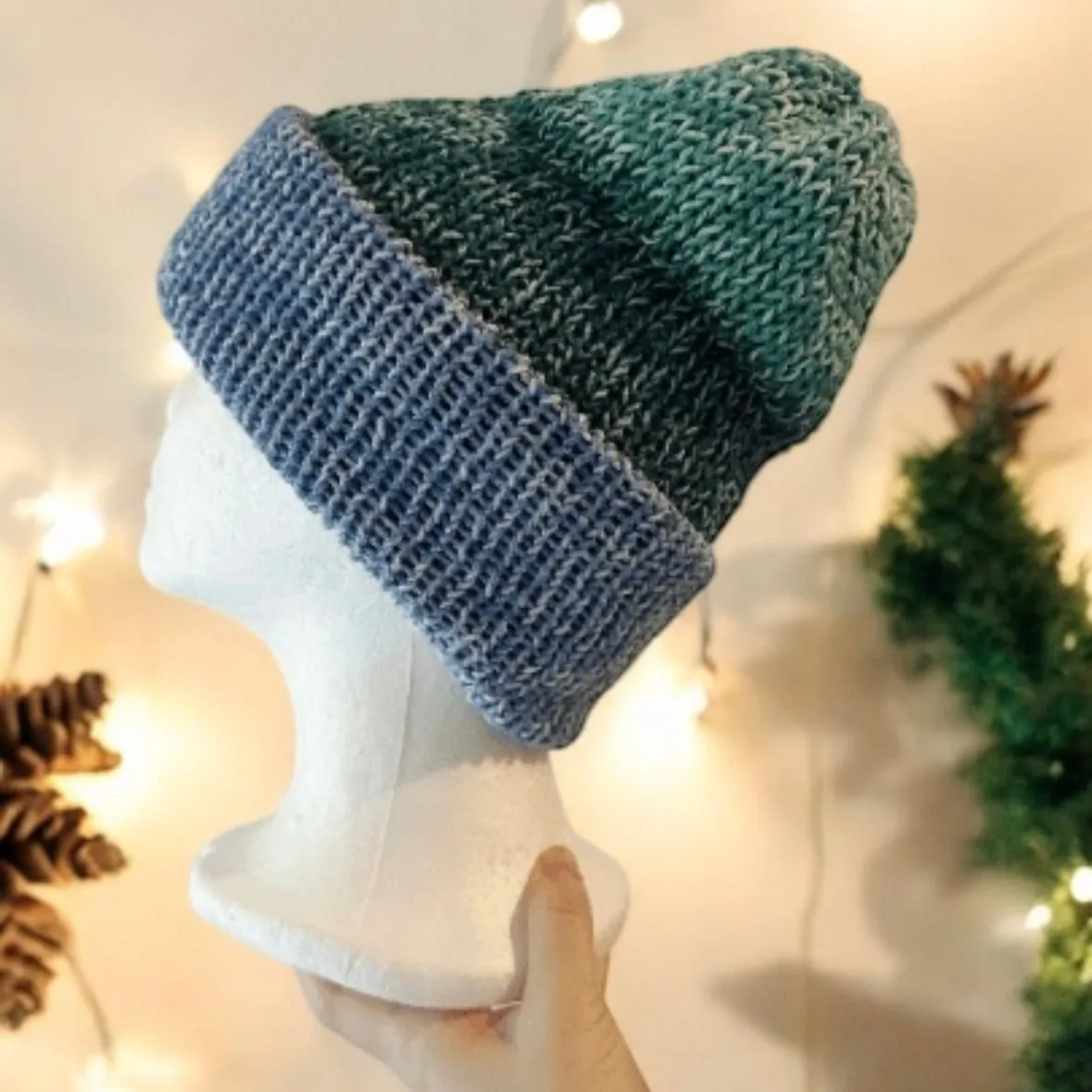 Knitted beanie in blue and green | Winter knitted double layered hat | autumn style | cozy winter hat| men or women