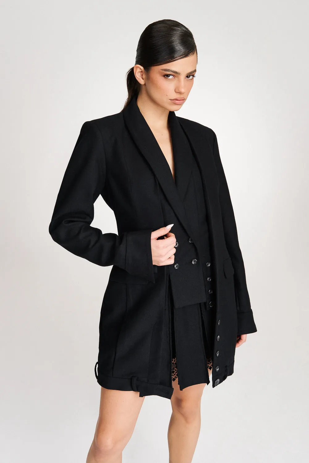 'Lima' Black Wool Layer Suit Blazer with Vest