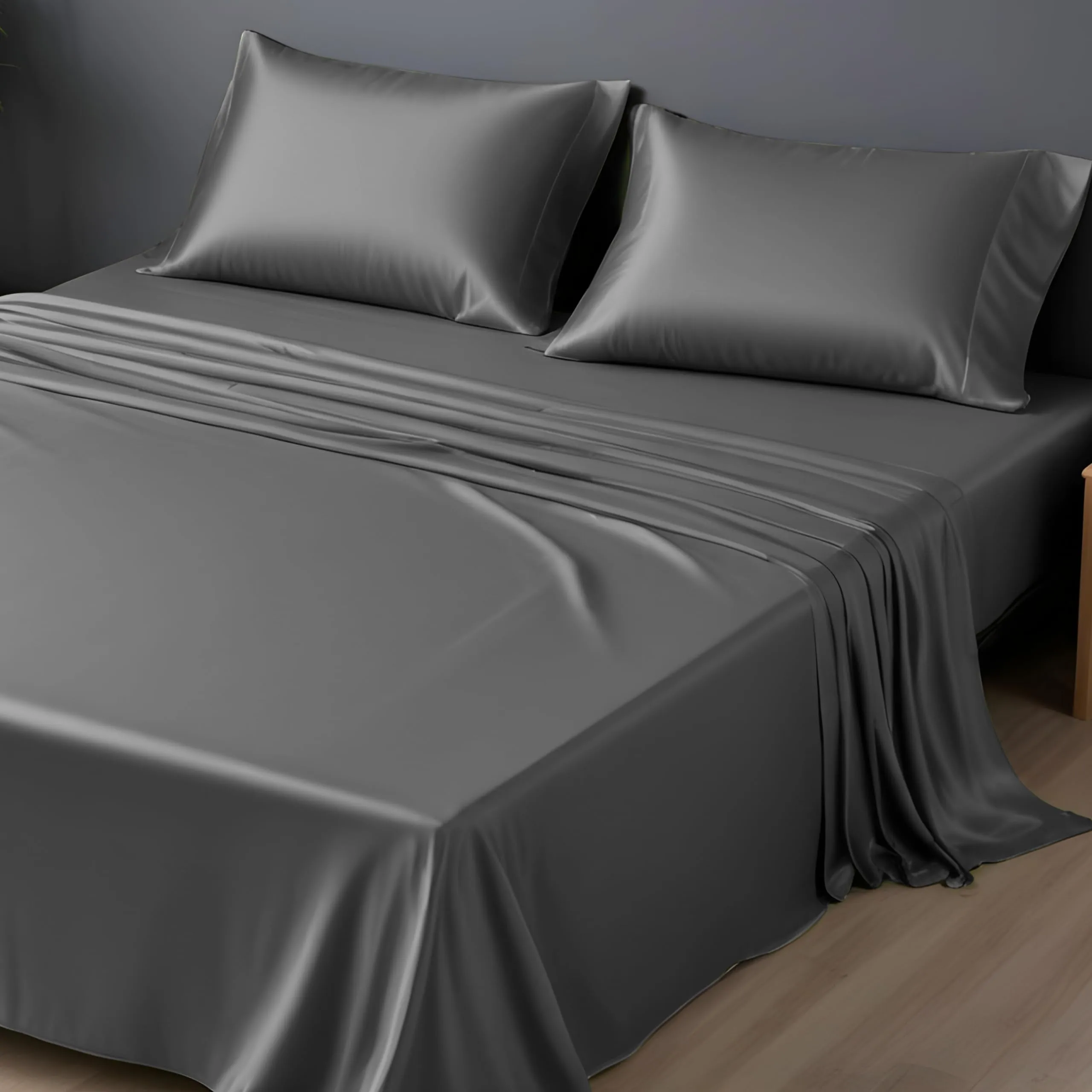 LINENWALAS 100% Vegan Bamboo Silk Bedsheet Set,Natural Soft and Light-Weight, Best for Hair and Delicate Skin with 2 Pillows(King, Charcoal Grey)