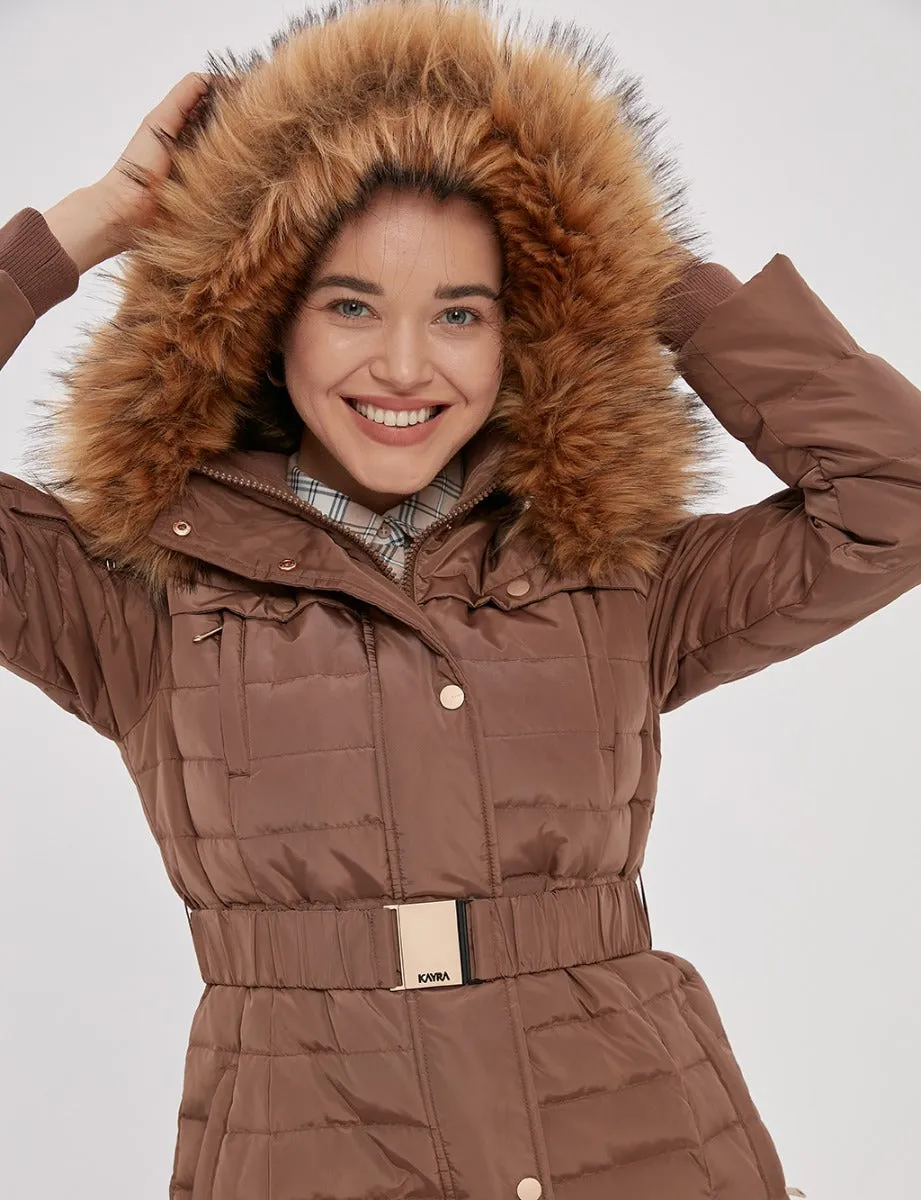 Long Goose Down Coat With Furry A20 27003 Camel