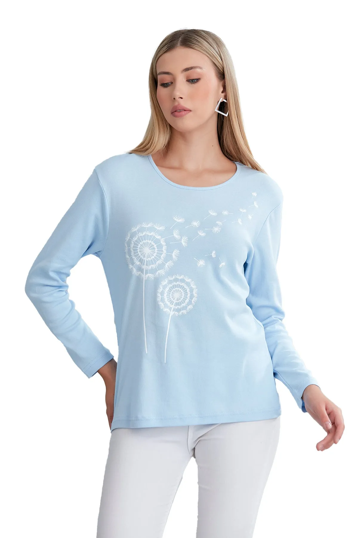 Long Sleeve Scoop Neck Shirt for Women in Dandelion Print, Soft Combed Cotton Comfort