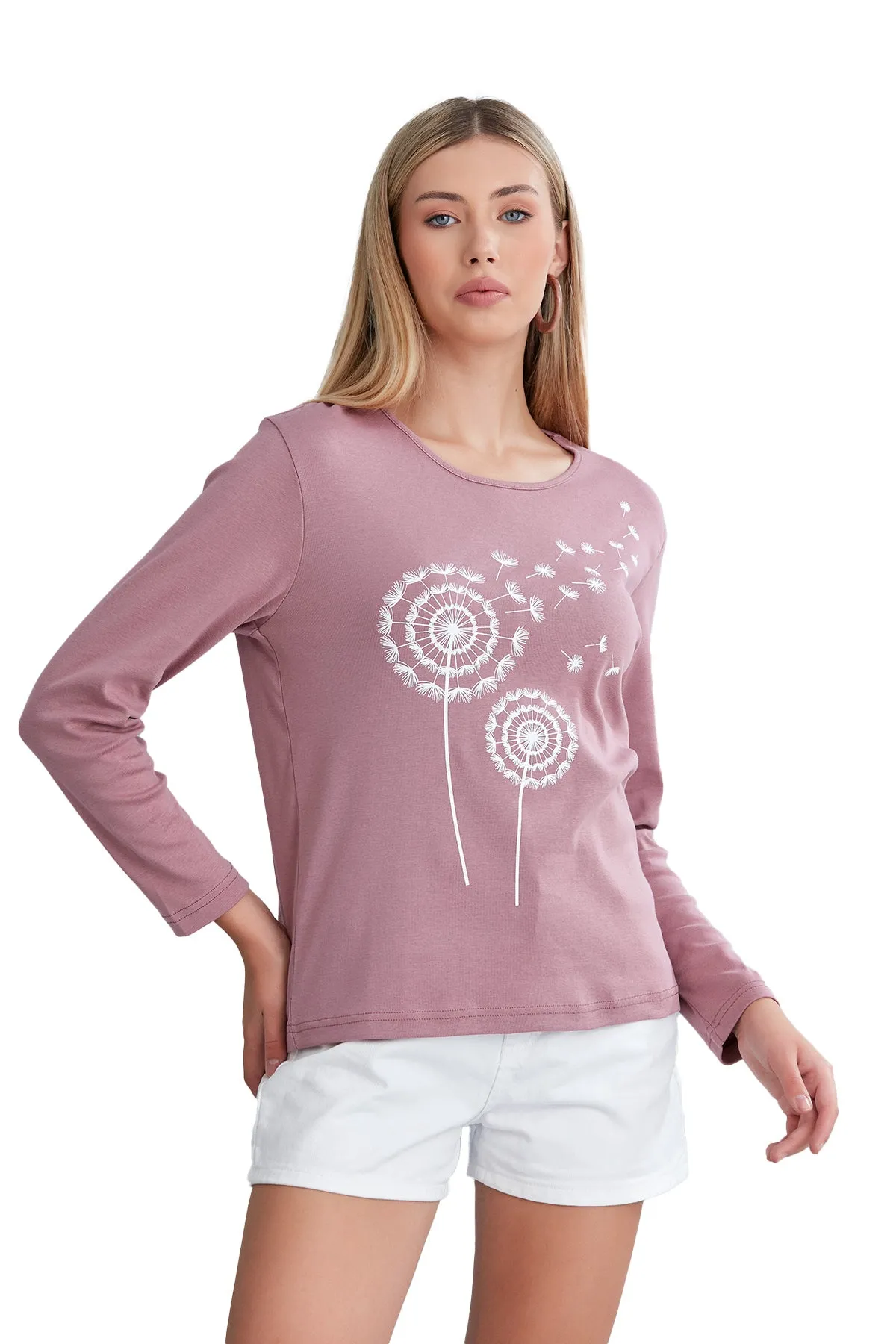 Long Sleeve Scoop Neck Shirt for Women in Dandelion Print, Soft Combed Cotton Comfort