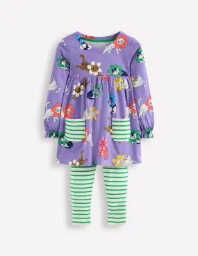 Long-sleeved print tunic set-Aster Purple Flower Cats