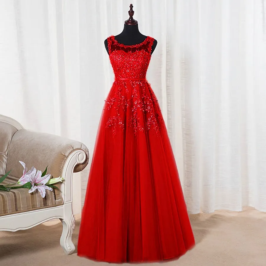 Lovely Round Neckline Tulle Long Prom Dress, Cute A-line Formal Dress