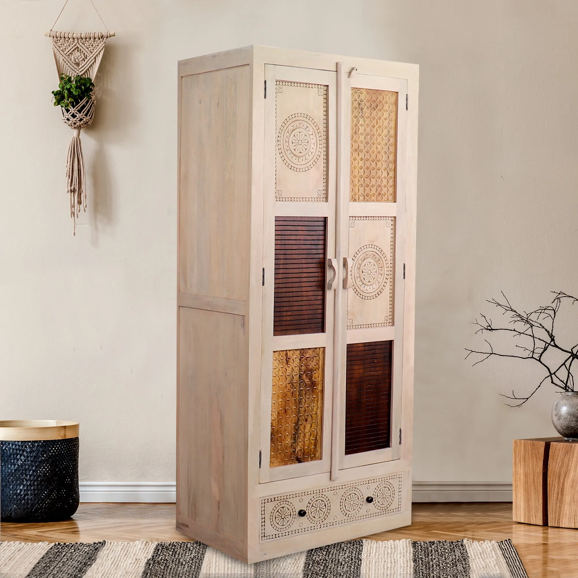 Manella Handcarved 2 Door Wardrobe with Wheel Castor