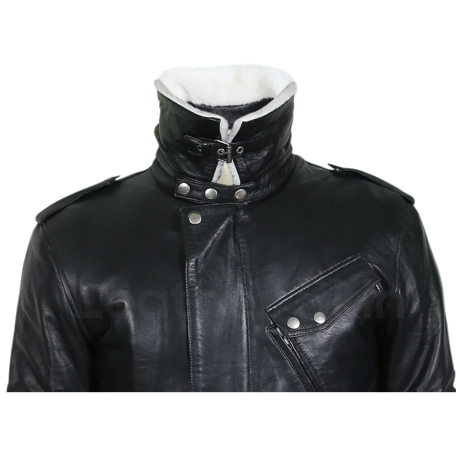 Men Black Genuine Leather Jacket with White Fur Collar