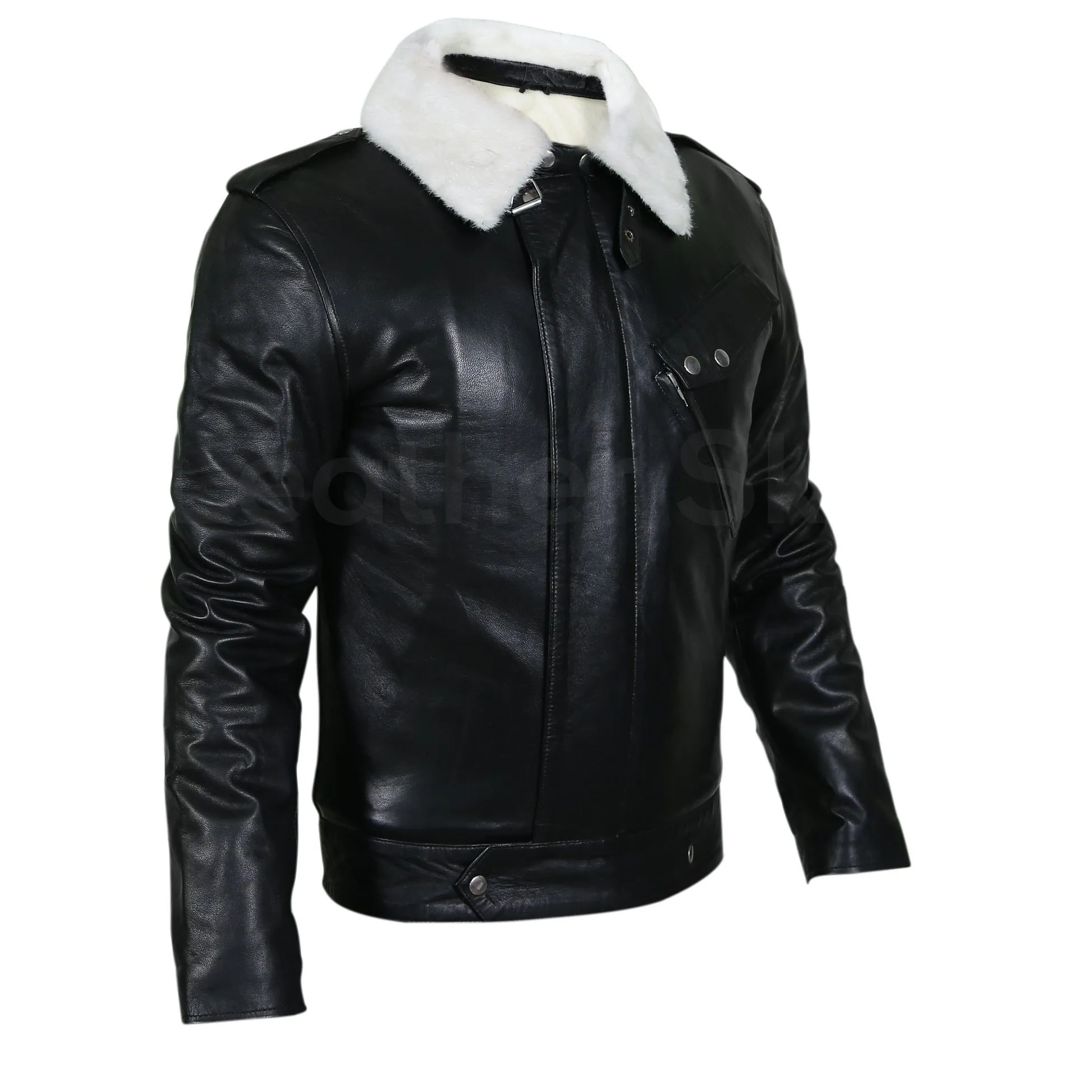 Men Black Genuine Leather Jacket with White Fur Collar