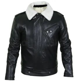 Men Black Genuine Leather Jacket with White Fur Collar