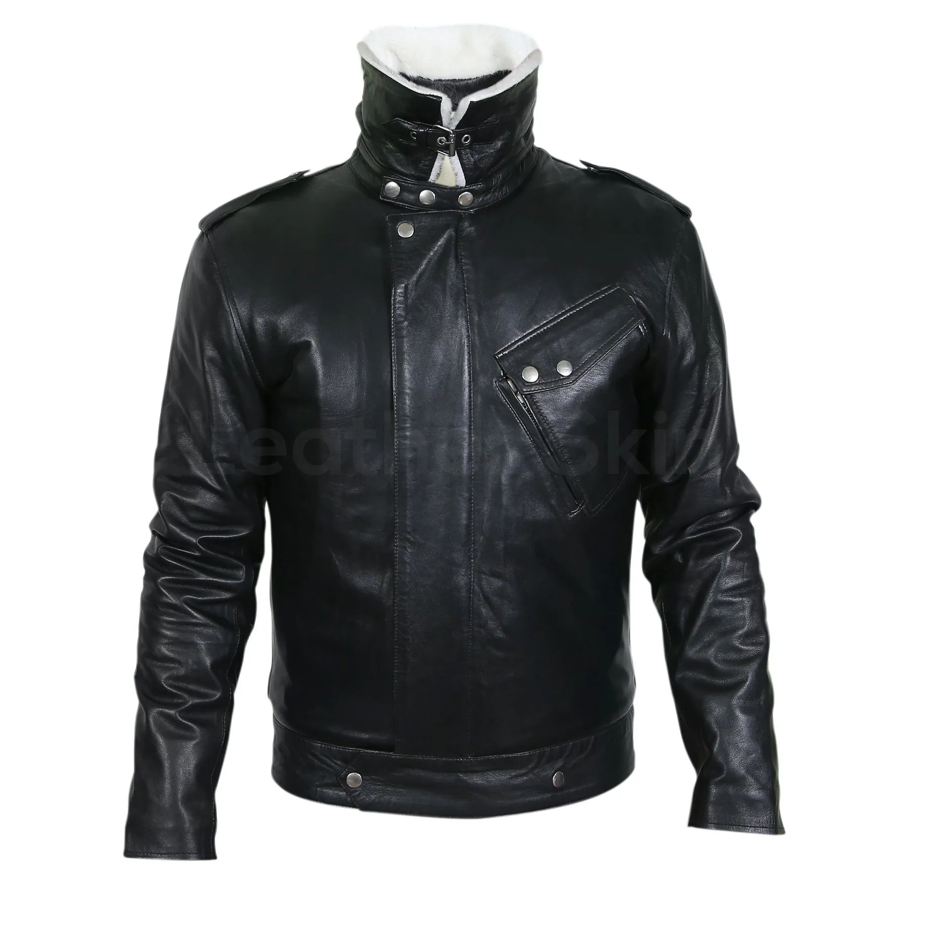 Men Black Genuine Leather Jacket with White Fur Collar