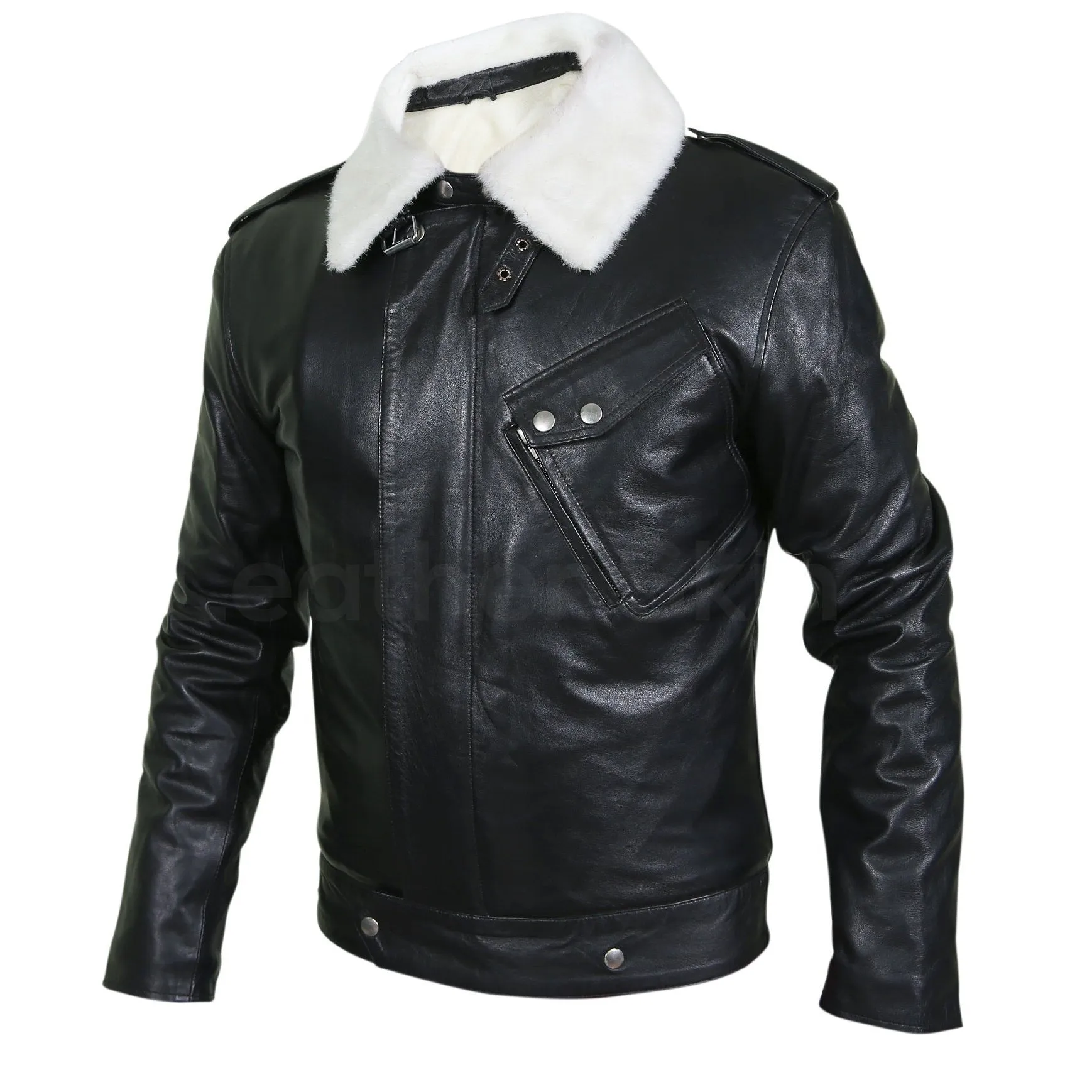 Men Black Genuine Leather Jacket with White Fur Collar