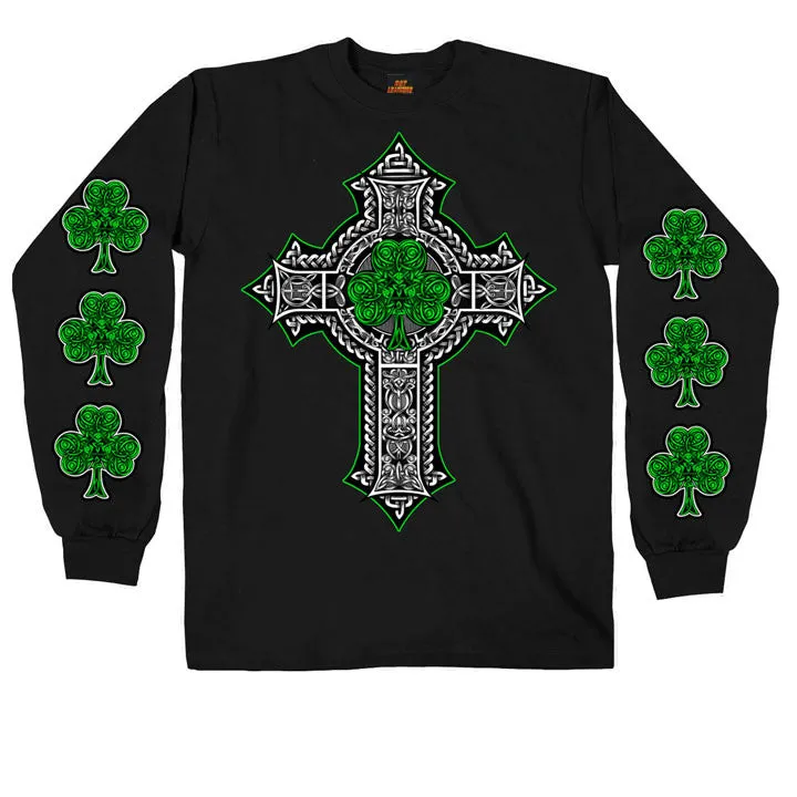 MENS BLACK LONG SLEEVE CELTIC CROSS SHAMROCK SHIRT