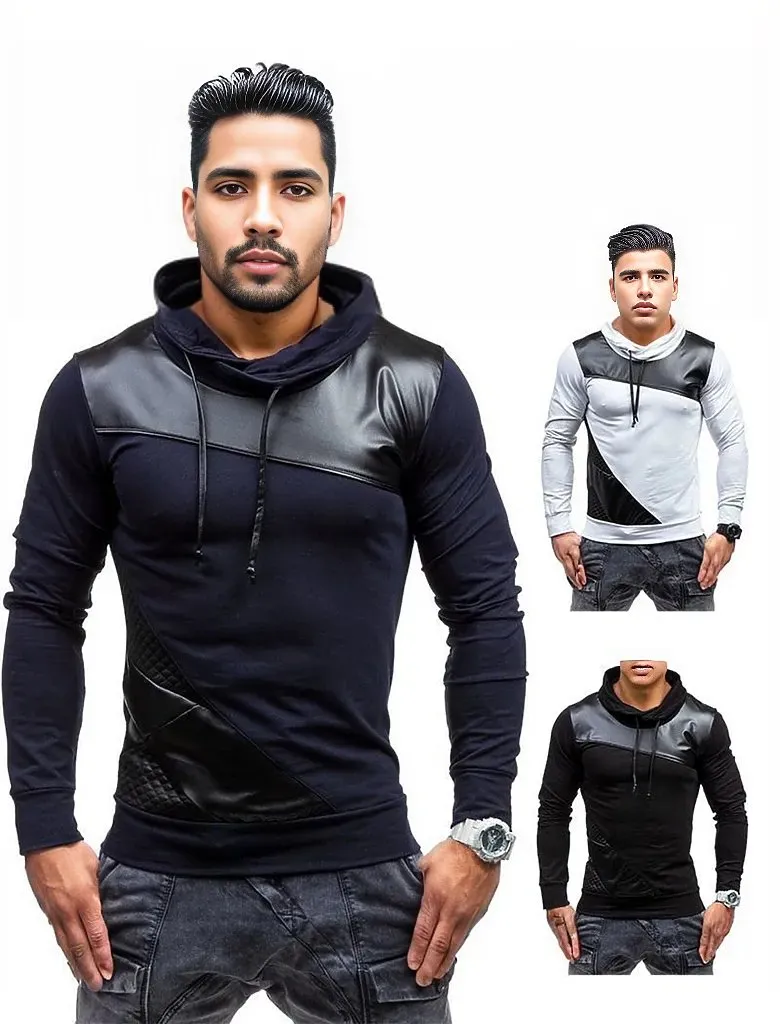 Men's Turtleneck Patch Leather Long Sleeve T Shirt