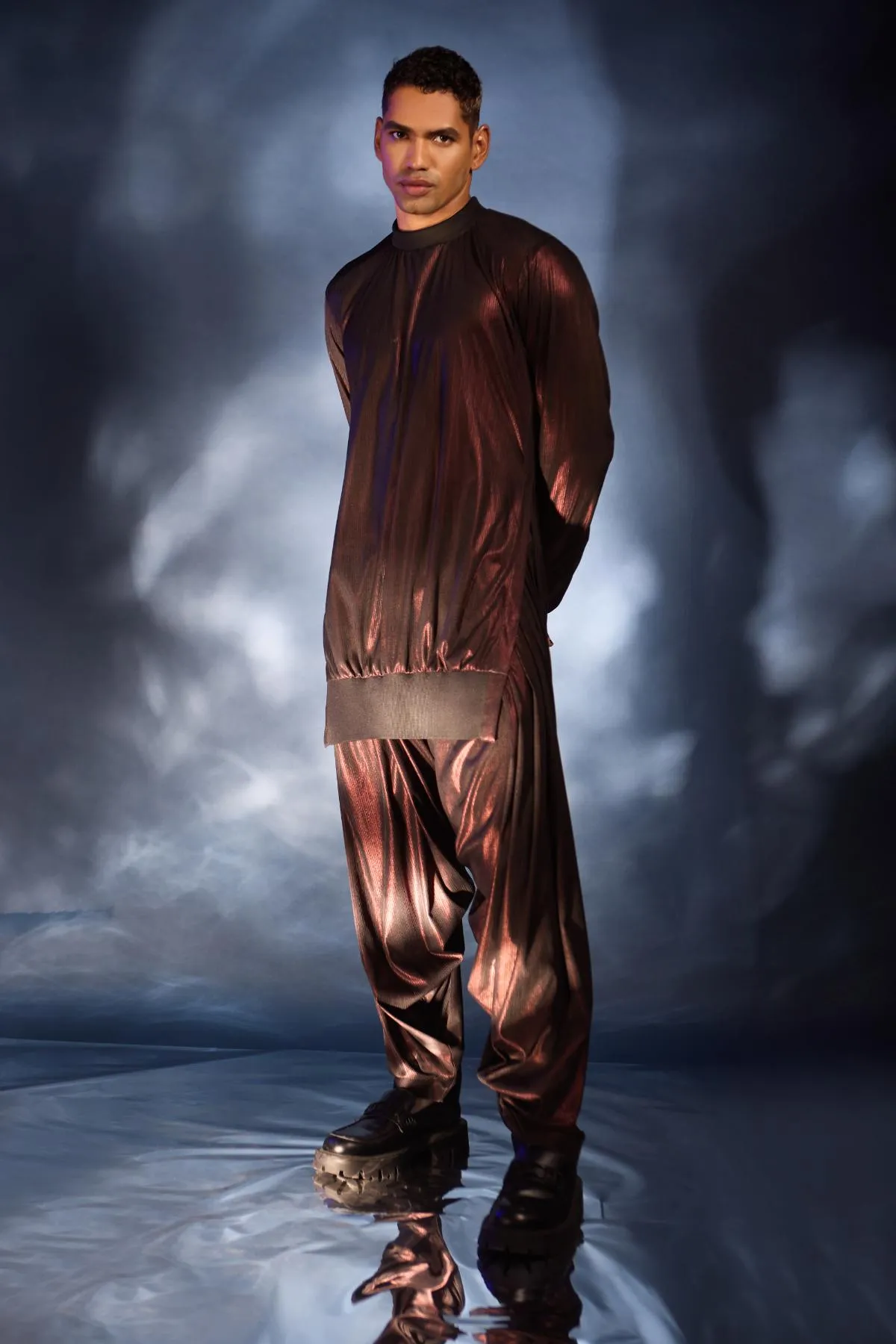 metallic copper tunic and cowled pants