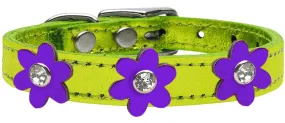 Metallic Flower Leather Collar Metallic Lime Green With Metallic Purple Flowers Size 26