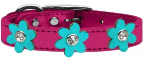 Metallic Flower Leather Collar Metallic Pink With Metallic Turquoise Flowers Size 12