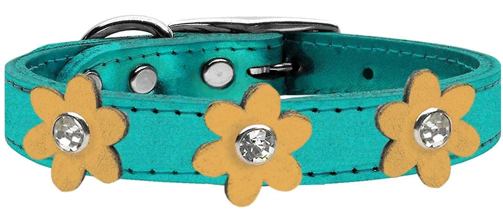 Metallic Flower Leather Collar Metallic Turquoise With Gold Flowers Size 20