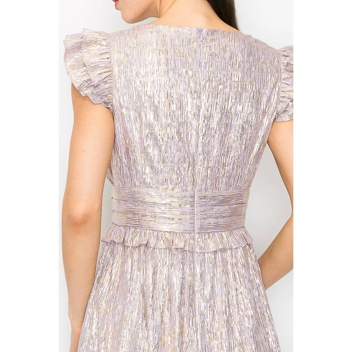 Metallic Stripe Ruffled Sleeves Midi Dress