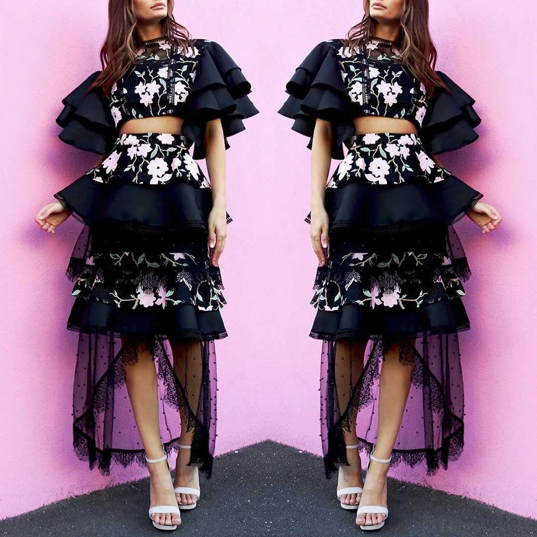 Miranda Frill Layered Skirt - Black Floral