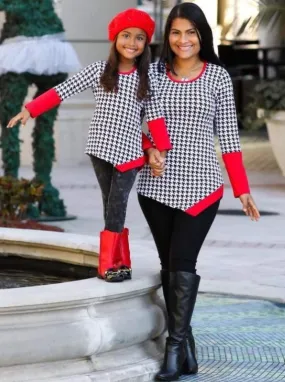 Mommy and Me Black and Red Houndstooth Matching Asymmetric Tunic